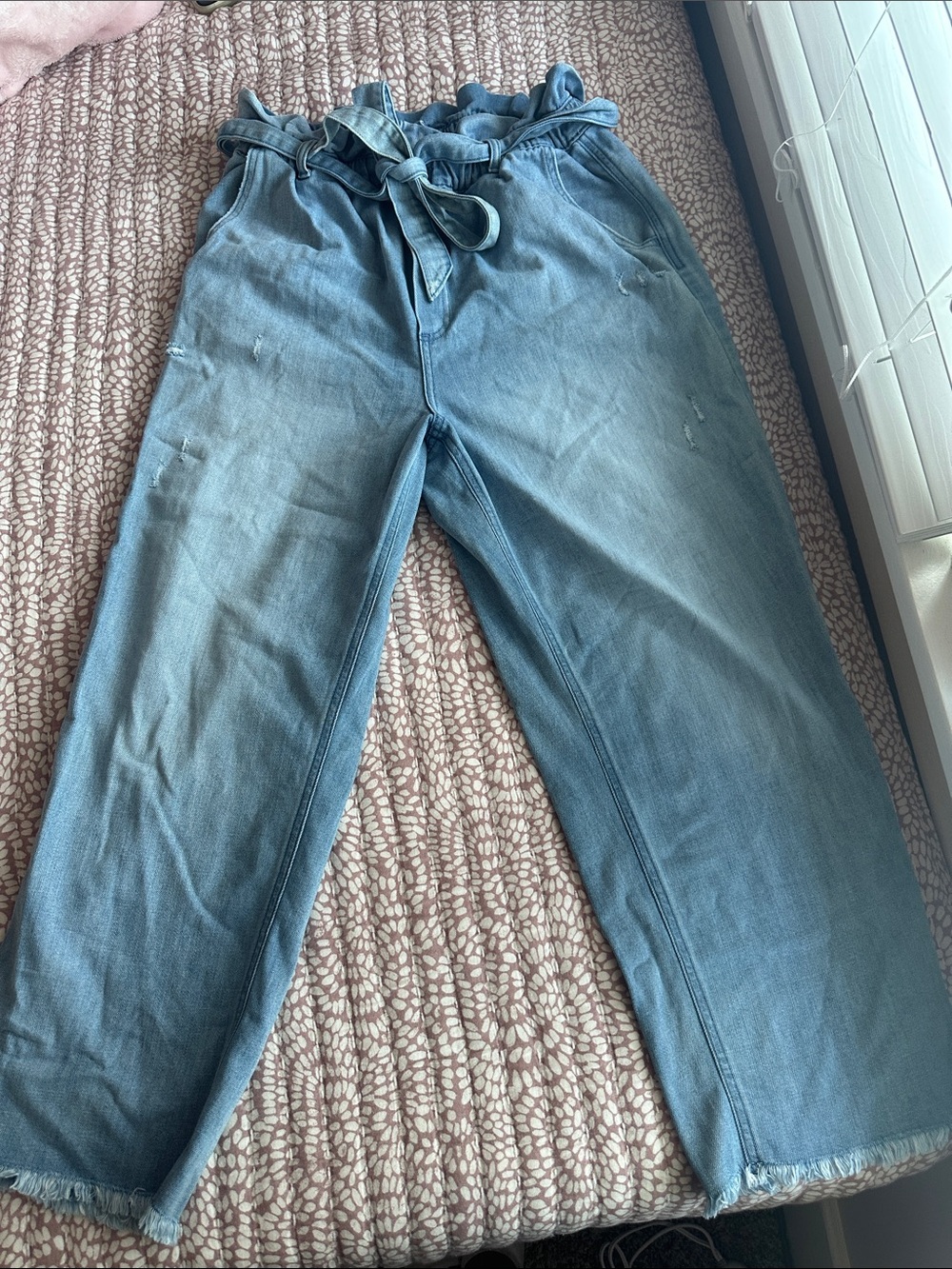 Aerie Light Wash Denim Ruffle and bow tie Waist Pants
